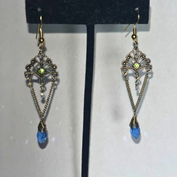 Handmade Vintage-Inspired Earrings – Blue Crystal Drop & Bronze Filigree - Picture 3 of 3